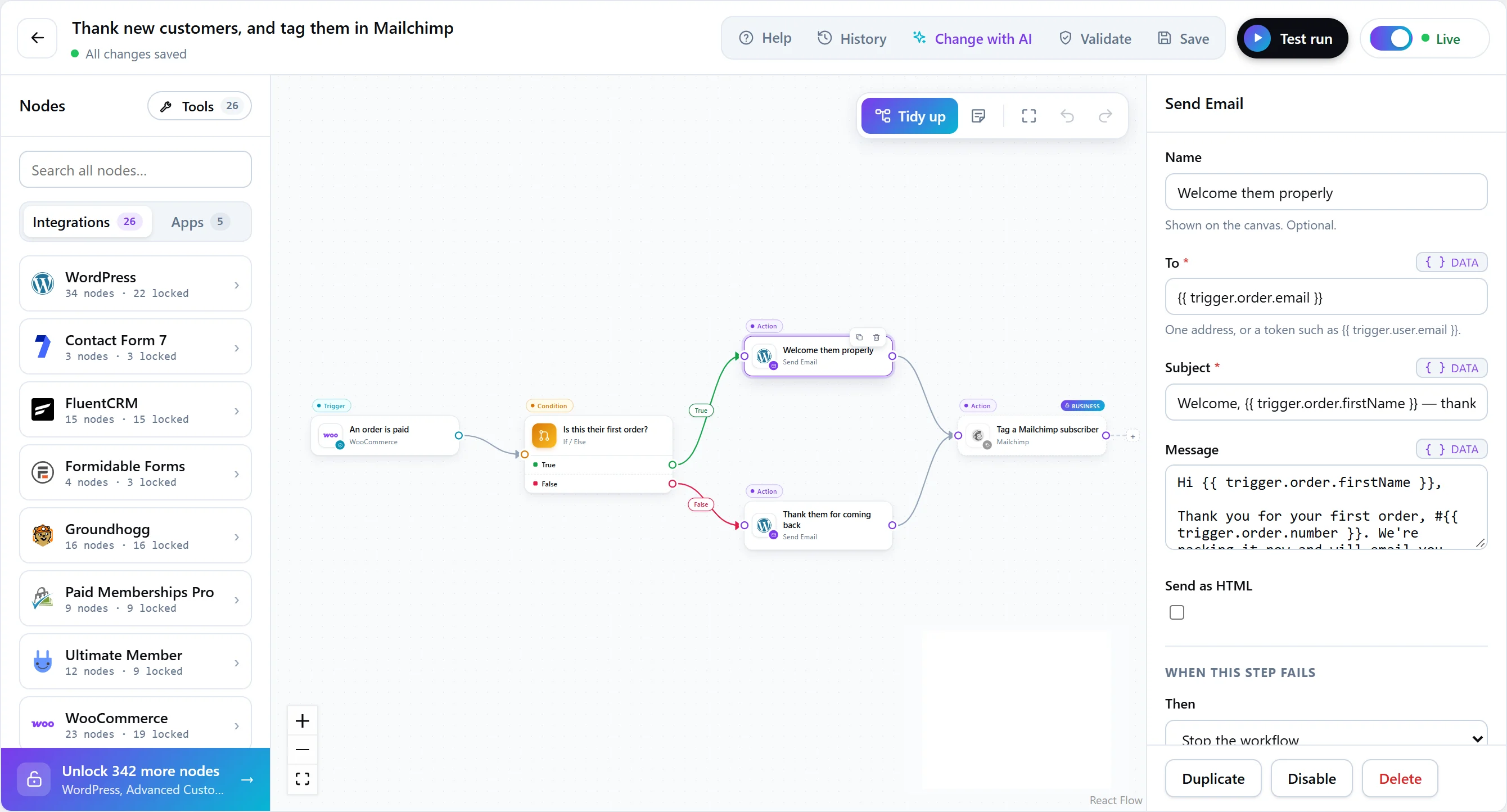 The FlowWP editor: the step library on the left, a workflow with a trigger, an If / Else and three actions on the canvas, and a Send Email step’s settings on the right.