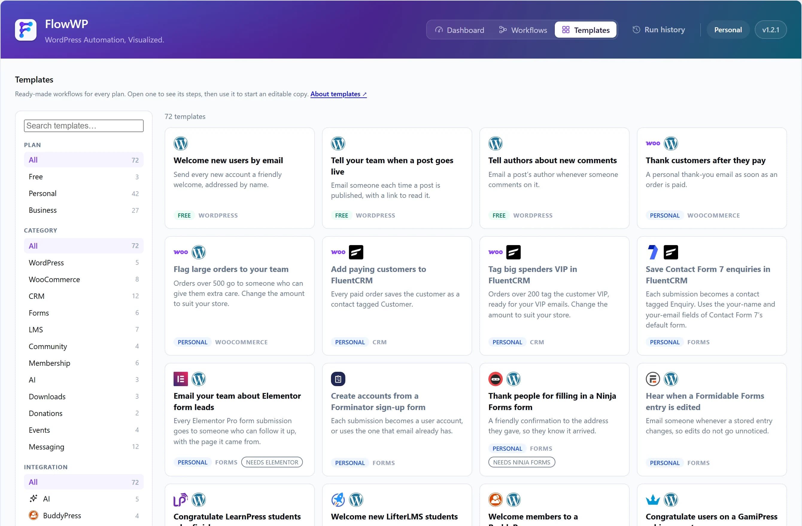 The template gallery — ready-made workflows, filtered by plan, category, and what this site actually has installed.
