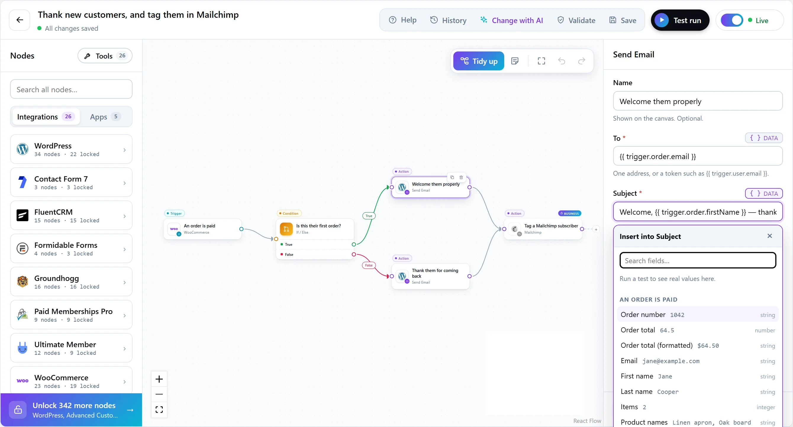 The canvas — a trigger joined to a condition and three actions, the step library on the left, and the step being configured on the right with a picker for every value earlier steps produced.
