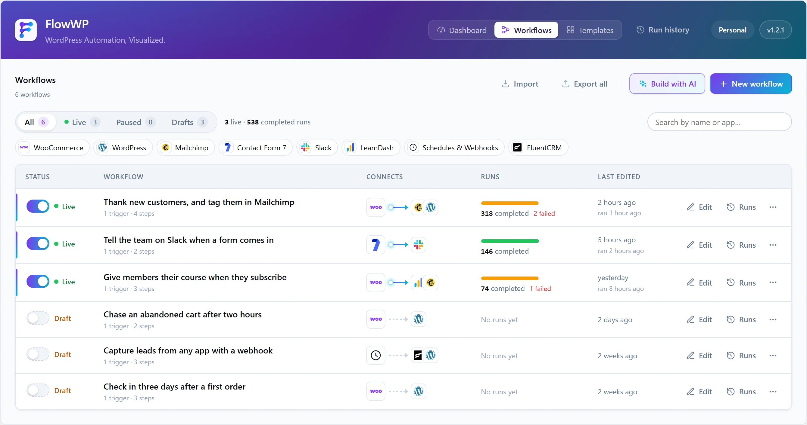 Your workflows: what each one connects and how often it has run.
