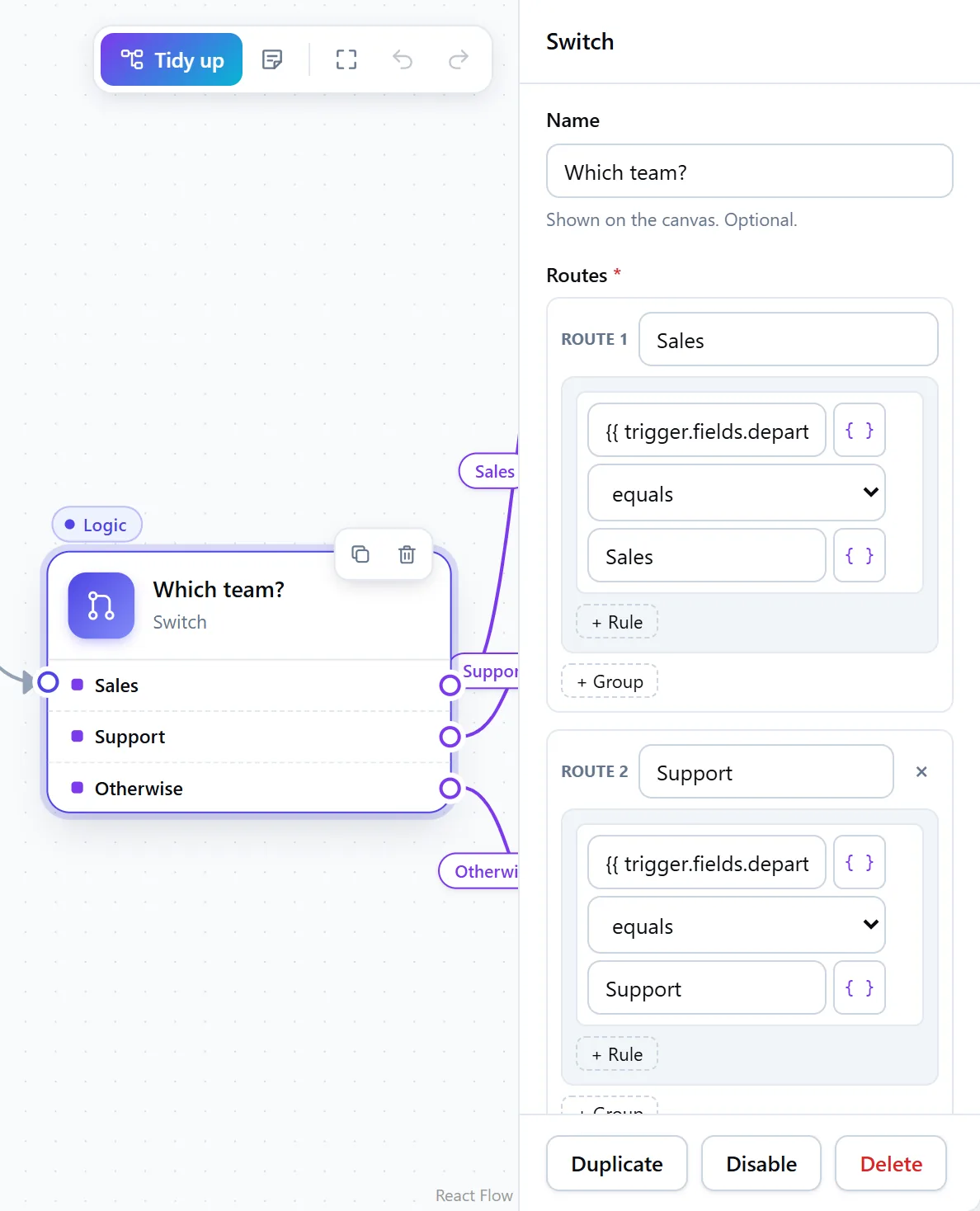 The Switch’s Sales and Support routes, each a rule on the Department field