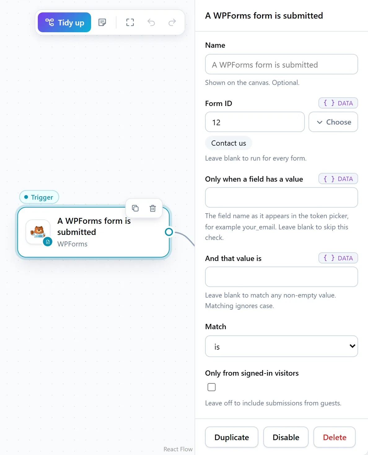 The WPForms trigger with Form ID set to the Contact us form