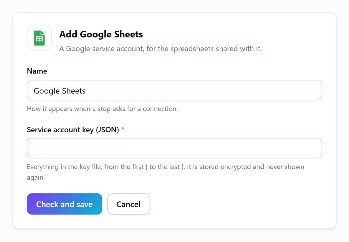 Adding a Google Sheets connection in FlowWP: a name and the service account key