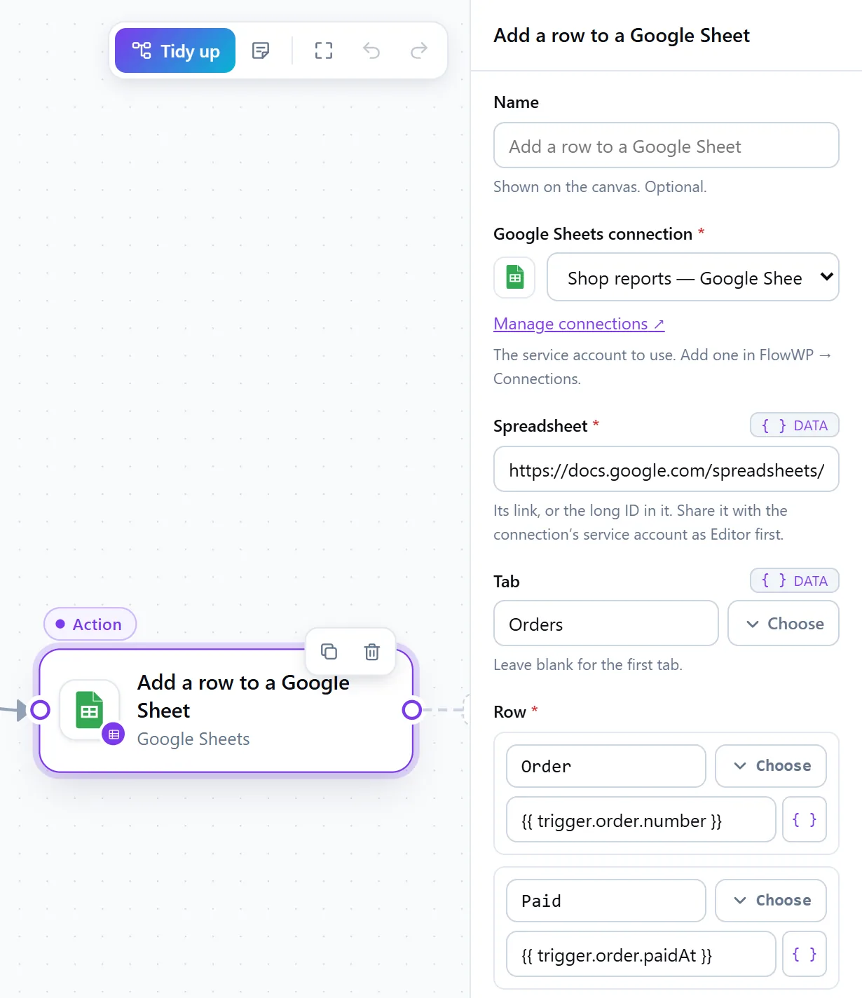 The Add a row step: connection, spreadsheet link, Orders tab and the columns to fill