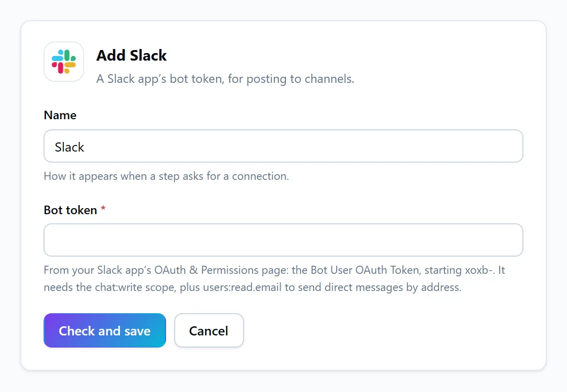 Adding a Slack connection in FlowWP: a name and the Slack app’s bot token