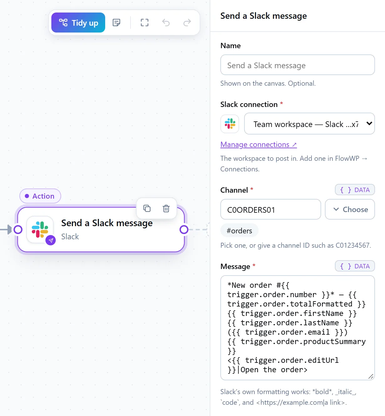 The Send a Slack message step: connection, #orders channel and the order message