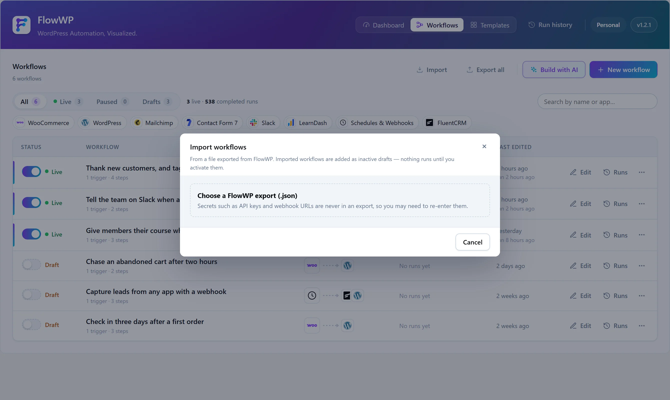 The Import workflows dialog: choose a FlowWP export (.json). Secrets such as API keys and webhook URLs are never in an export.
