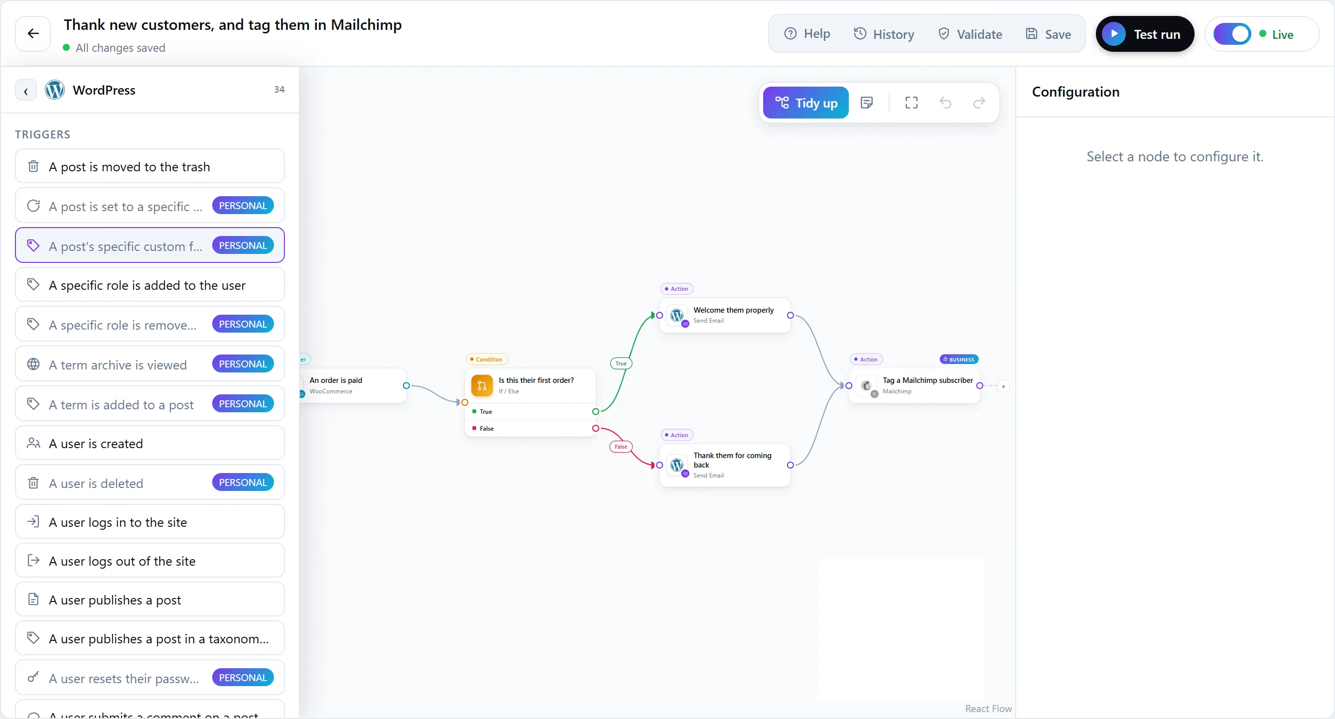 The workflow editor on the Free plan with WordPress open in the step library: steps the Free plan includes are plain, and the others carry a Personal badge. On the canvas, a Mailchimp step carries a Business badge.